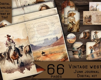May include: Vintage Western themed digital junk journal kit with 66 pages. The kit includes images of cowboys, horses, landscapes, and old-fashioned postcards. The kit is perfect for scrapbooking, card making, and other paper crafts.