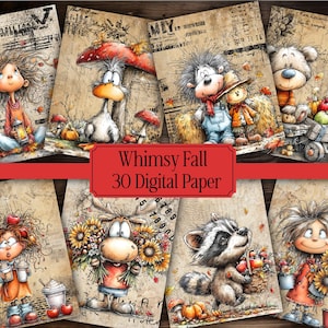 May include: A collection of 30 digital papers featuring illustrations of characters like a girl with a lantern, a duck under a mushroom, a hedgehog, a bear with apples, a girl with coffee, a moose with sunflowers, a raccoon, and a girl with flowers.