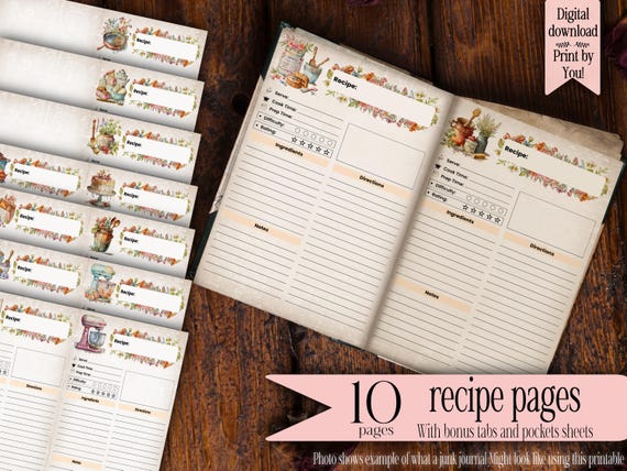 Recipe Pages Cook Book junk journal kit printable journals digital paper vintage junkjournal scrapbook ephemera Digital Download template