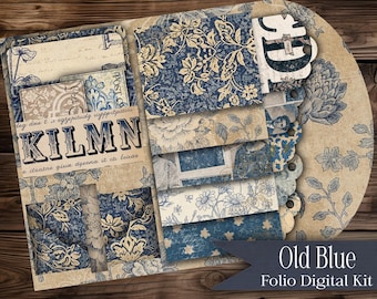 Vintage Blau Folio Kit, Printable Junk Journal Kit, antike Ephemera Papiere, viktorianisches Scrapbook Collage Set Ephemera Kit Pocket Scrapbook