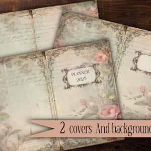 May include: Vintage-style planner covers and background page. The covers feature floral designs with pink roses and ornate frames. The text "PLANNER 2025" is visible on one cover. The image includes the text "2 covers And background page".