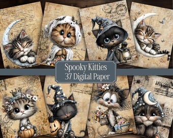 Puede incluir: Una colección de hojas de papel digital con ilustraciones de gatitos en varios disfraces y entornos, incluyendo lunas, calabazas y flores, con el texto Spooky Kitties 37 Digital Paper centrado sobre un fondo rectangular gris oscuro.