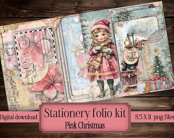 PINK Christmas Stationery Folio Kit Printable Cards Digital Paper Pack Vintage Holiday Scrapbook Envelopes Craft Instant Download Ephemera