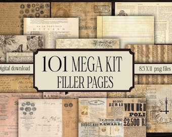 Papeles de relleno vintage, kit básico de diario basura, paquete de efímeras imprimibles, álbum de recortes, página de escritura en blanco, té con tinte de café, textura grunge mega antigua