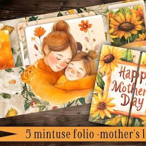 Cartão Folio para impressão de Dia das Mães | Kit de artesanato em papel vintage | Porta-cartões digital com cartões correspondentes | Presente de diário de lixo DIY Presente feito à mão