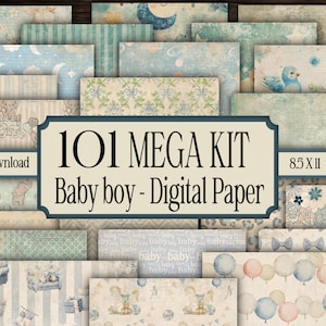 Puede incluir: Una colección de papeles digitales con temática de bebé niño. Los papeles presentan varios patrones en tonos de azul, beige y blanco, incluyendo ilustraciones de animales, globos y estrellas. La imagen incluye el texto "101 MEGA KIT Baby boy - Digital Paper" y "85 X 11 archivos png".