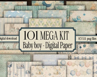 Baby Boy Digital Paper Pack Vintage douche Scrapbookpagina's Kit Afdrukbare achtergrond Junk Journals Card Craft Instant Download patroonbundel