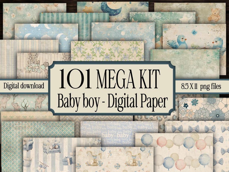 Paper Baby Kit Baby Boy Digital Paper Pack Vintage Shower Scrapbook Pages Kit ...