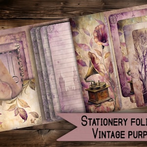 Suporte para cartão fólio vintage, impressão digital, vintage, papelaria, presente digital, diário lixo, roxo, bolso, álbum de recortes