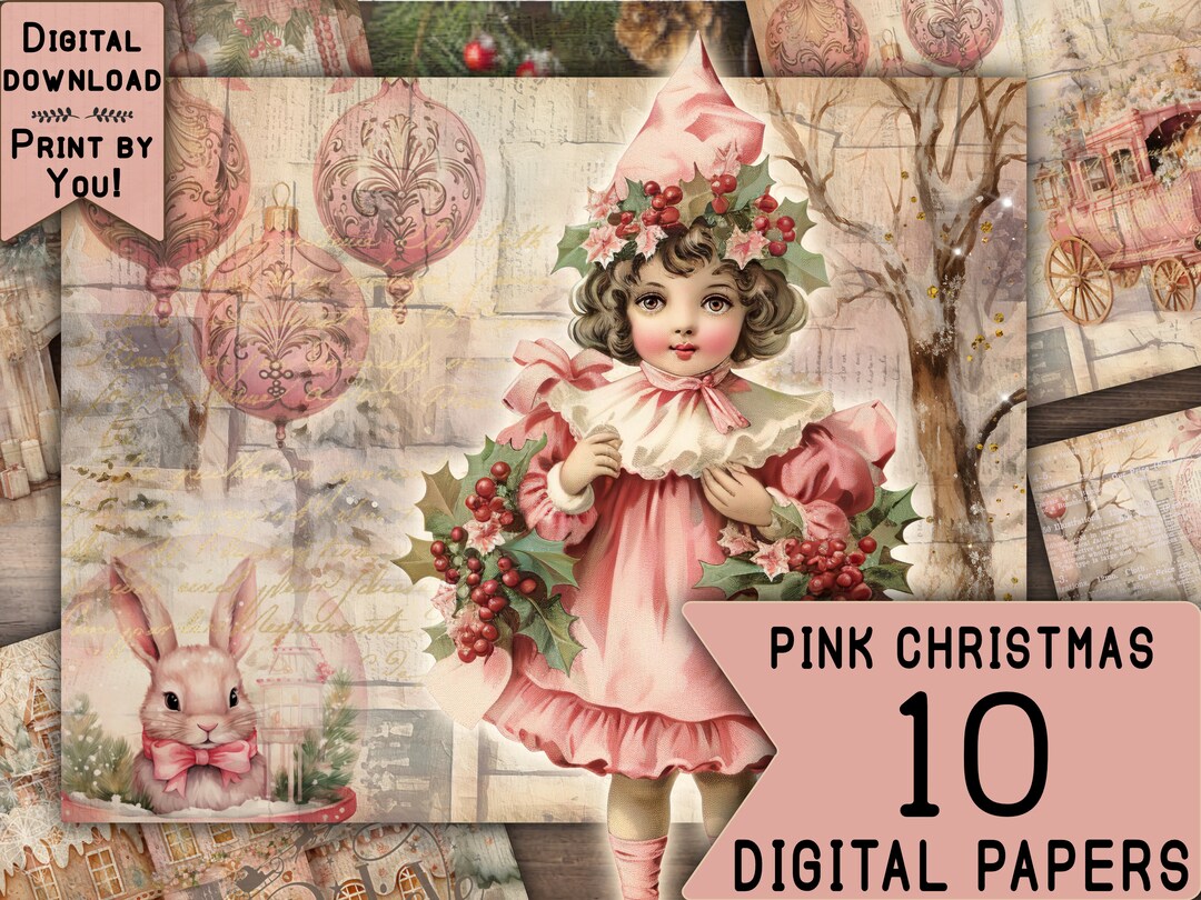 Pink Christmas Junk Journal Digital Paper Scrapbook Kit Collage Sheet ...