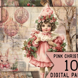 pink Christmas Junk Journal Digital paper Scrapbook Kit Collage Sheet Vintage Ephemera, Festive Printable Prints Classic Journaling
