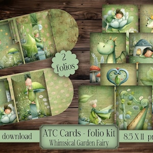 May include: A digital download ATC card folio kit featuring whimsical garden fairy illustrations. The kit includes two folios and various PNG files. The artwork showcases fairies, a deer, a dragon, and other fantasy elements in shades of green.