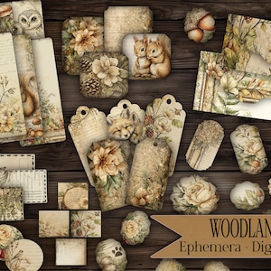 May include: A collection of woodland-themed ephemera, including tags, cards, and decorative elements. The designs feature floral and animal illustrations in muted tones of beige, brown, and green. The text "WOODLAND Ephemera - Digital kit" is visible.