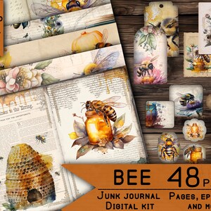 Puede incluir: Un kit de descarga digital para el diario de chatarra con 48 páginas de diseños con temática de abejas. El kit incluye imágenes de abejas, panales, flores y tarros de miel. El texto "Bee 48 Pages" está impreso sobre un fondo marrón. Páginas de diario de chatarra, efímeras y más. Kit digital.