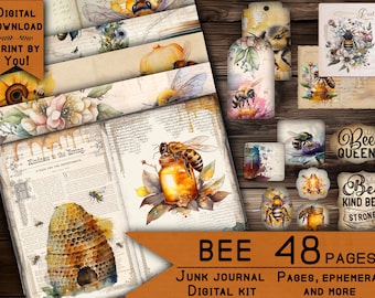 bee junk journal kit printable bee digital paper vintage junkjournal kit craft scrapbook kit  bumble bee papers journal collage honey card