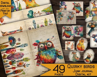 May include: A digital junk journal kit featuring 49 pages of whimsical illustrations of colourful birds. The kit includes a variety of bird designs, including owls, robins, and other feathered friends. The illustrations are perfect for adding a touch of whimsy to your journal pages.