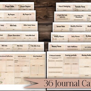 May include: A stack of 36 journal cards with various prompts for reflection and study. The cards have a vintage aesthetic with a beige background and brown text. Titles include "Gratitude Journal," "Prayer Notes," and "Bible Study."
