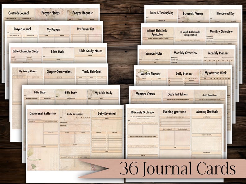 May include: A stack of 36 journal cards with various prompts for reflection and study. The cards have a vintage aesthetic with a beige background and brown text. Titles include "Gratitude Journal," "Prayer Notes," and "Bible Study."