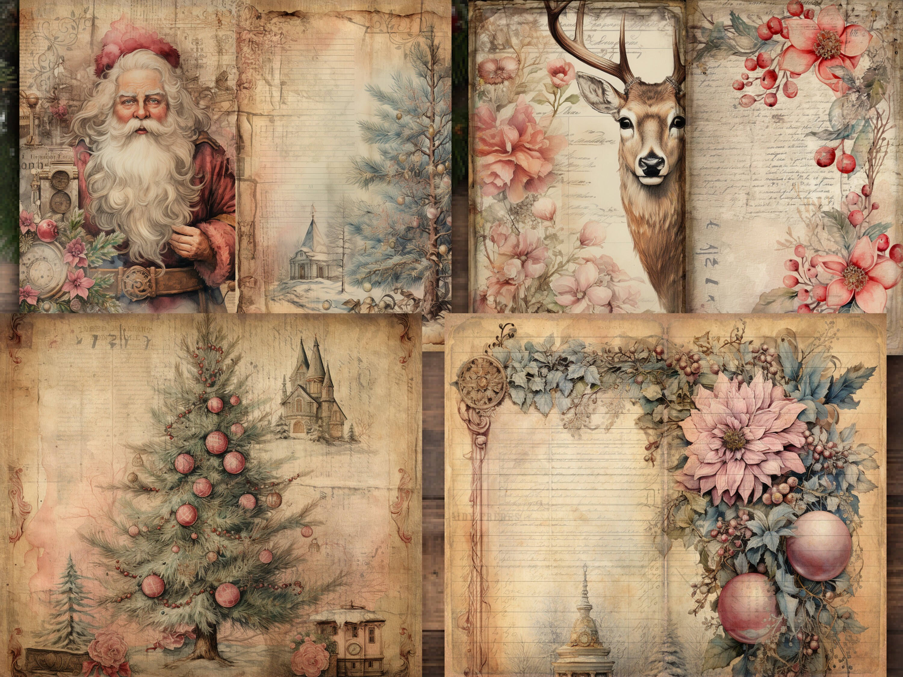 Pink Christmas Junk Journal Pages Digital Scrapbook Paper Kit Collage ...