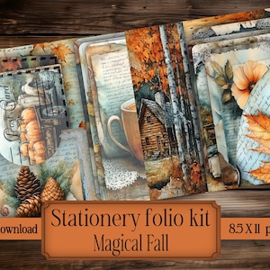 May include: A stationery folio kit with a fall theme. The kit includes various cards and envelopes with watercolor illustrations of pumpkins, pine cones, and a cabin in the woods. The text on the image reads "Stationery folio kit Magical Fall" and "8.5 X 11 png files."