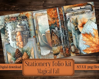 Herfst ongewenste dagboek Kit herfst briefpapier Folio afdrukbare vintage bladeren Efemere Tags ansichtkaarten schrijfpapier digitale download bos gezellig