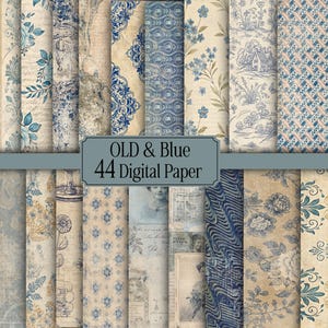 May include: A selection of 44 digital papers with antique designs in blue and beige tones. The papers showcase floral patterns, architectural drawings, and aged textures. The text "OLD & Blue 44 Digital Paper" is displayed on a blue banner.
