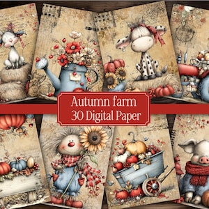 Autumn Farm Digital Papers, Printable Rustic Fall Junk Journal Pages, Farm Animal Scrapbook Backgrounds