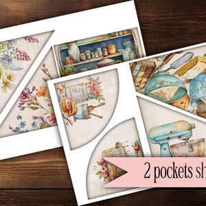 May include: Two sheets of printable paper with a variety of images related to baking and kitchen themes. The images include a floral design, a kitchen shelf with jars and dishes, a cake, a mixer, and a variety of baking tools.