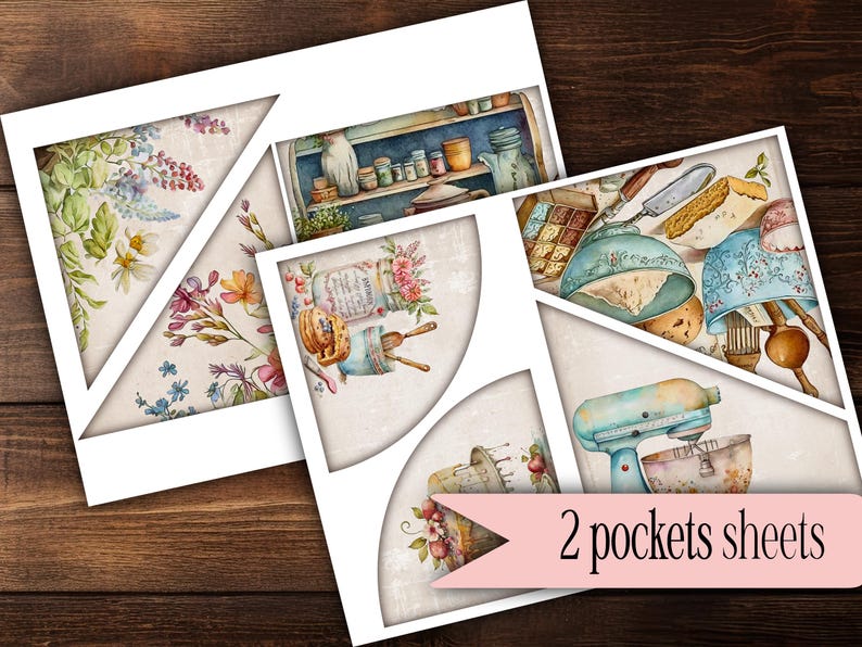 May include: Two sheets of printable paper with a variety of images related to baking and kitchen themes. The images include a floral design, a kitchen shelf with jars and dishes, a cake, a mixer, and a variety of baking tools.