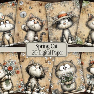 Frühlings-Digital-Papier-Pack | Druckbare Katzenpapiere | Süße Vintage Frühlingskatzen | Junk Journal Hintergründe | Scrapbook-Papier