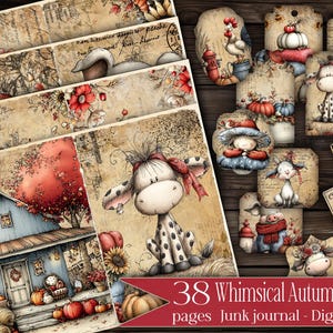 May include: A digital kit featuring 38 pages for a junk journal with autumn farm themes. The pages display illustrations of cows, pumpkins, sunflowers, and a blue house with red trees, all set against a vintage, aged paper background with text.