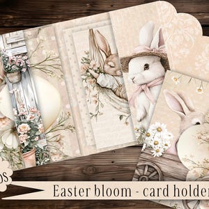 Op de afbeelding: Een set van zes kaarten met een paasthema met een konijn, bloemenmotieven en de tekst "Easter bloom - card holder kit".