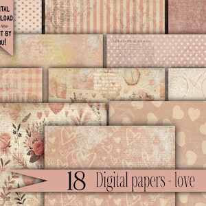 Digital paper pack Shabby chik junk journal Scrapbook Kit Collage Sheet Vintage Ephemera background Printable Prints craft love Floral pink