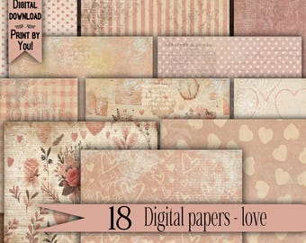 Digital paper pack Shabby chik junk journal Scrapbook Kit Collage Sheet Vintage Ephemera background Printable Prints craft love Floral pink