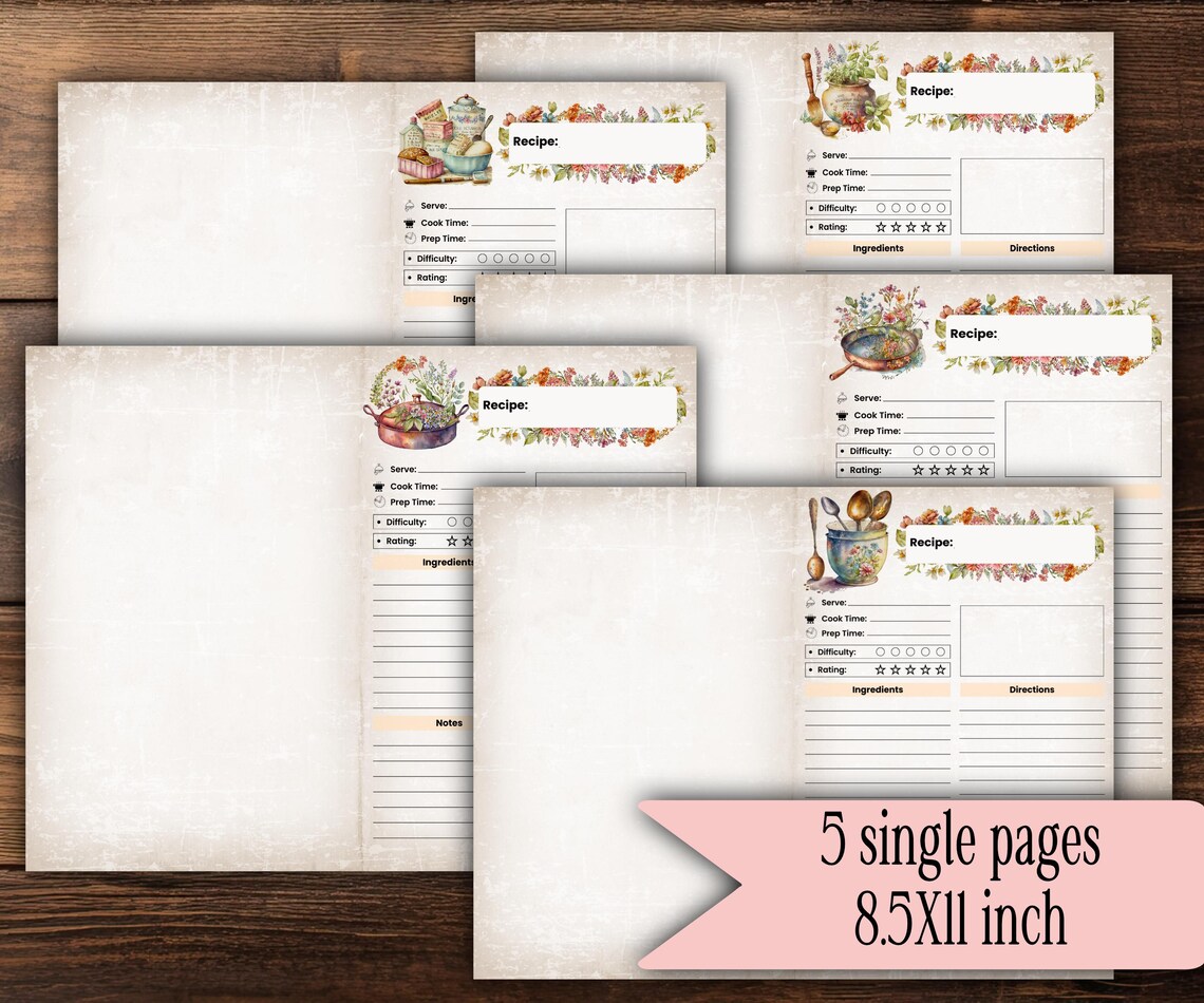Recipe Pages Cook Book Junk Journal Kit Printable Journals Digital ...