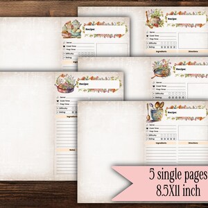 May include: Five printable recipe cards with floral borders and illustrations of kitchen utensils. Each card has sections for recipe name, serving size, cook time, prep time, difficulty, rating, ingredients, and directions. The cards are 8.5 by 11 inches.