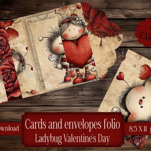 May include: A digital download of a Valentine's Day card and envelope folio. The design features illustrations of ladybug characters holding hearts. The cards are 21.59 x 27.94 cm and come as png files. The image also includes the text "6 CARDS".