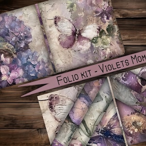 Puede incluir: Un paquete de papel digital con una estética vintage que presenta flores moradas, mariposas y fondos texturizados. El paquete se titula "Folio Kit - Violets Moment".