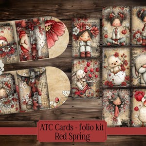 Puede incluir: Un conjunto de tarjetas ATC y folios con el tema Primavera Roja. Las tarjetas presentan ilustraciones de muñecas, animales y flores en tonos rojos, blancos y beige. El texto "2 folios" es visible.