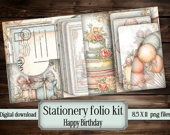 Lace Stationery Folio Kit Printable Floral Junk Journal Ephemera Paper Set Vintage Writing Scrapbooking Card Making Download Denim shabby
