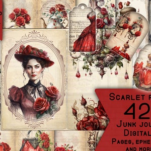 roses junk journal printable vintage art junk journal digital kit craftpaper digital scrapbook shabby chic scarlet rose journal collage
