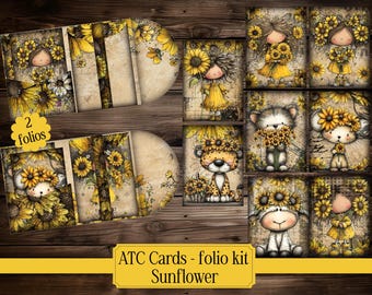 Sunflower Junk Journal Kit – ATC Cards Folios Envelopes Tags Backgrounds Ephemera Printable Vintage Floral Paper Pack Yellow Floral ATC Card