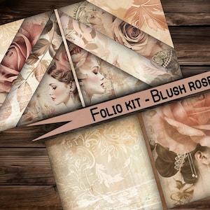 vintage folio junk journal digital printable vintage junkjournal paper digital gift ephemera flowers Folio kit pocket scrapbook rose blush