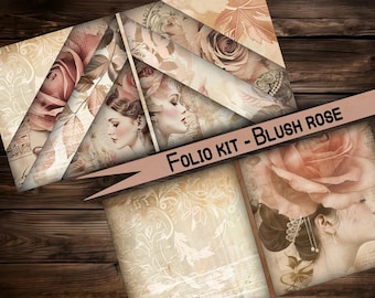 vintage folio junk journal digital printable vintage junkjournal paper digital gift ephemera flowers Folio kit pocket scrapbook rose blush