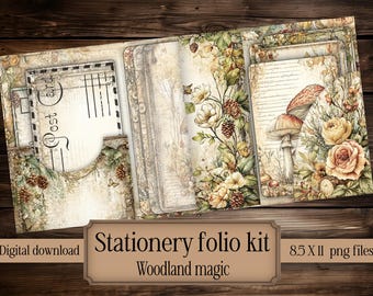 Woodland vintage folio kaarthouder digitale afdrukbare vintage junkjournal briefpapier papier digitaal cadeau junk journal Folio pocket plakboek