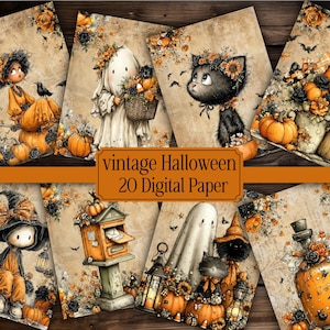 Op de afbeelding: Een verzameling digitaal papier met vintage Halloween-illustraties, waaronder geesten, zwarte katten, pompoenen, heksen en lantaarns op een beige achtergrond. Het oranje tekstvak in het midden toont de woorden vintage Halloween 20 Digital Paper.