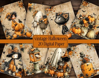 Vintage Halloween Junk Journal Kit, Cute Ghost Ephemera, Pumpkin Folio Printable, Spooky Autumn ATC Cards, Halloween Scrapbook Papers