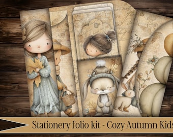 Porta biglietti da visita vintage, carta da cancelleria, diario spazzatura, carta da regalo digitale, diario spazzatura, effimero, album tascabile, autunno, bambini