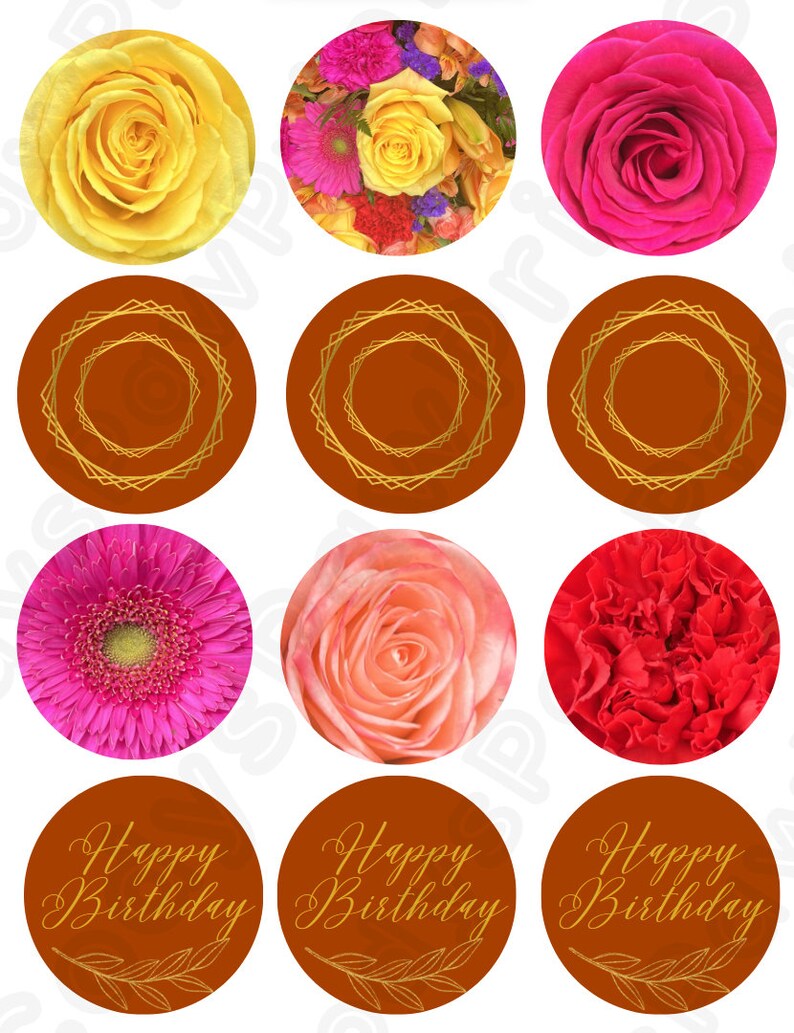 Cupcake Toppers, Gold and Flowers, Party Kit, Matching Invitations in