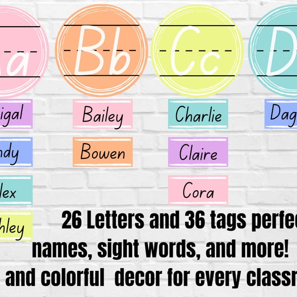 Pastel Alphabet, calm colorful classroom decor, w/ writing lines for learning positioning & size, w/ name/sight word tags, FULLY EDITABLE